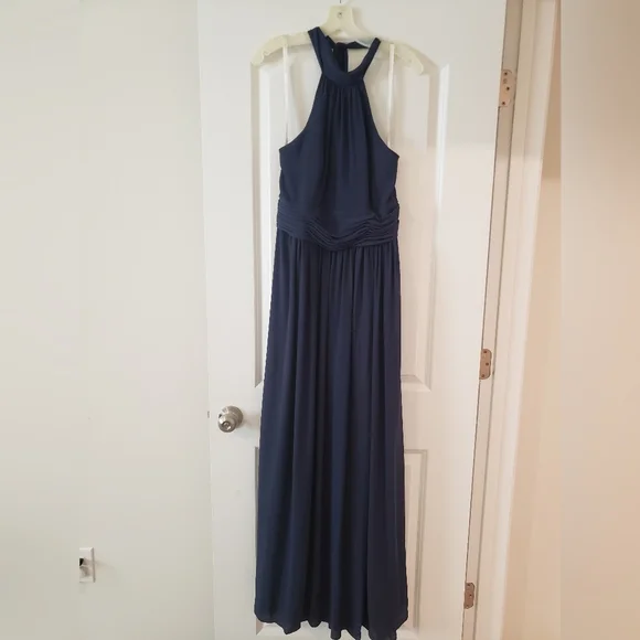 wedding royal blue dress Wedtrend Women Navy Long Bridesmaid Dress A-Line Spaghetti Straps Ruched  Burnout Floor Wedding Guest Dress – WEDTREND main image 1